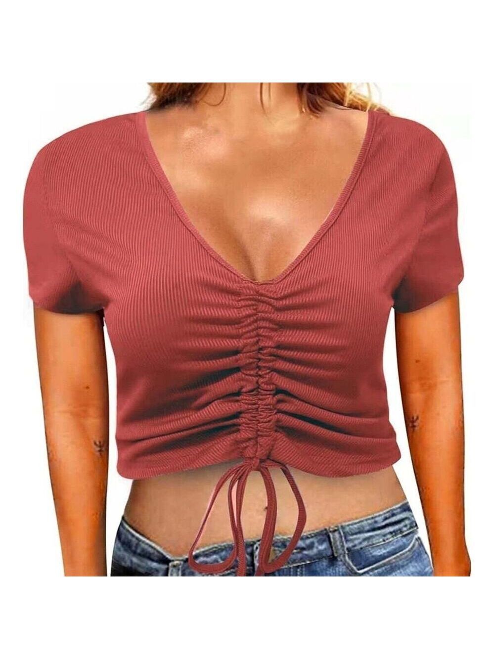 Crop Tops for Women Casual Short Sleeve V-Neck Crop Top Color Desert Rose Size M